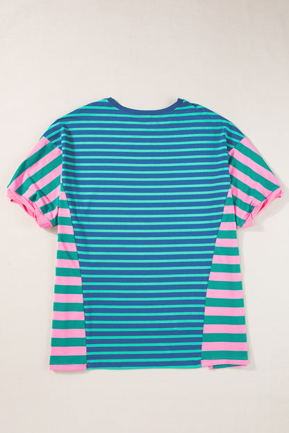 Colourblock Patchwork Baggy T Shirt | Blue Stripe