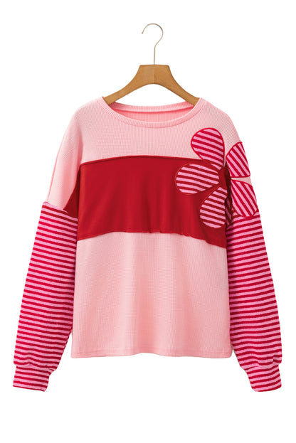 Floral Patch Colour Block Striped Sleeve Textured Top | Pink