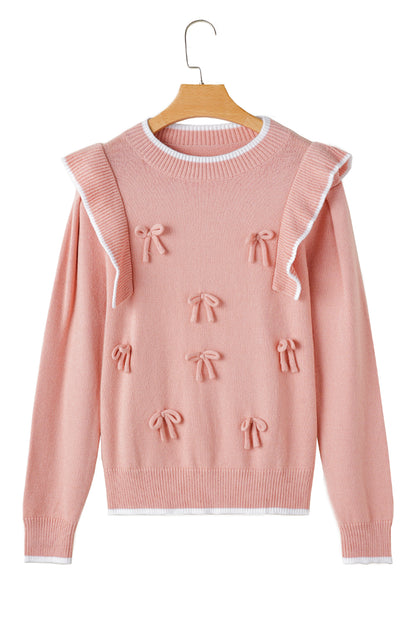 Ruffled Bowknot Ribbed Trim Long Sleeve Sweater | Light Pink