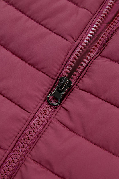 Plush Collared Quilted Zipped Puffer Vest | Burgundy