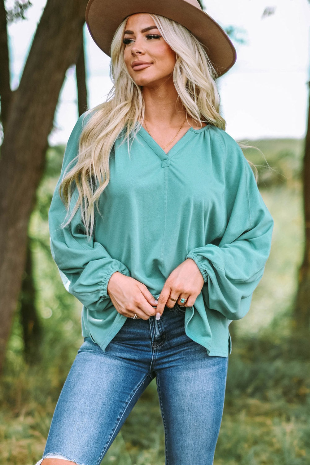 Split V Neck Dolman Top | Green