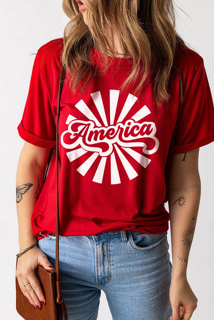 Fiery  America Graphic Print Independence Day T Shirt | Red