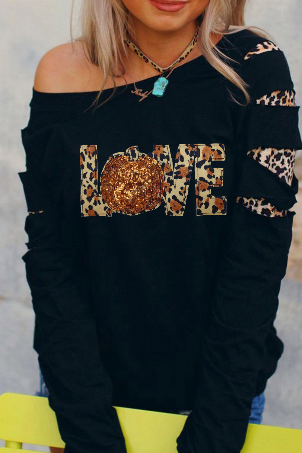 Love Sequin Pumpkin Leopard Print Cut Out Sleeve Sweatshirt | Black