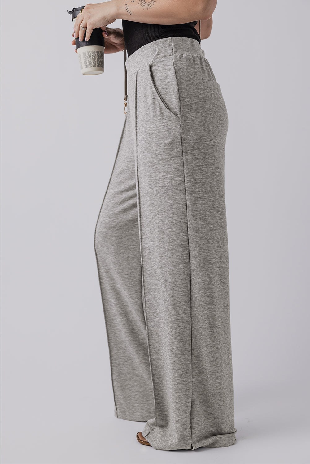 Central Seam Wide Leg High Waist Knit Casual Pants | Medium Grey