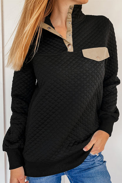 Black Quilted Snaps Stand Neck Sweatshirt with Fake Front Pocket