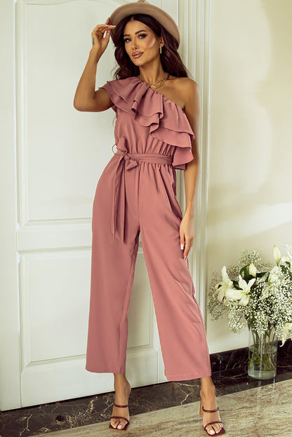 One Shoulder Ruffle Trim Belted Jumpsuit | Dusty Pink