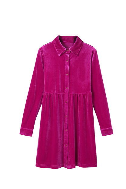 Long Sleeve Ruffle Velvet Button Up Dress | Rose