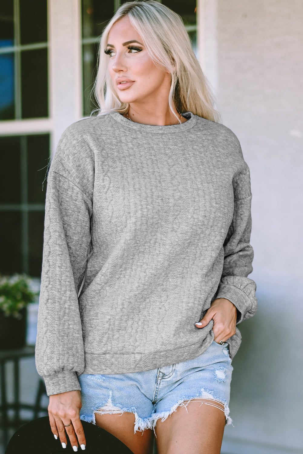 Cable Textured Drop Shoulder Pullover Sweatshirt | Gray