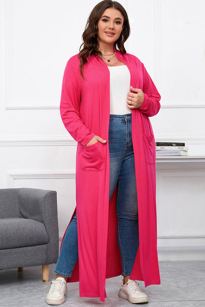 Plus Size Side Split Pockets Duster Cardigan | Strawberry Pink