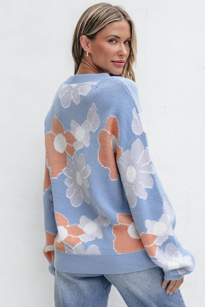 Floral O Neck Drop Shoulder Knitted Sweater | Beau Blue