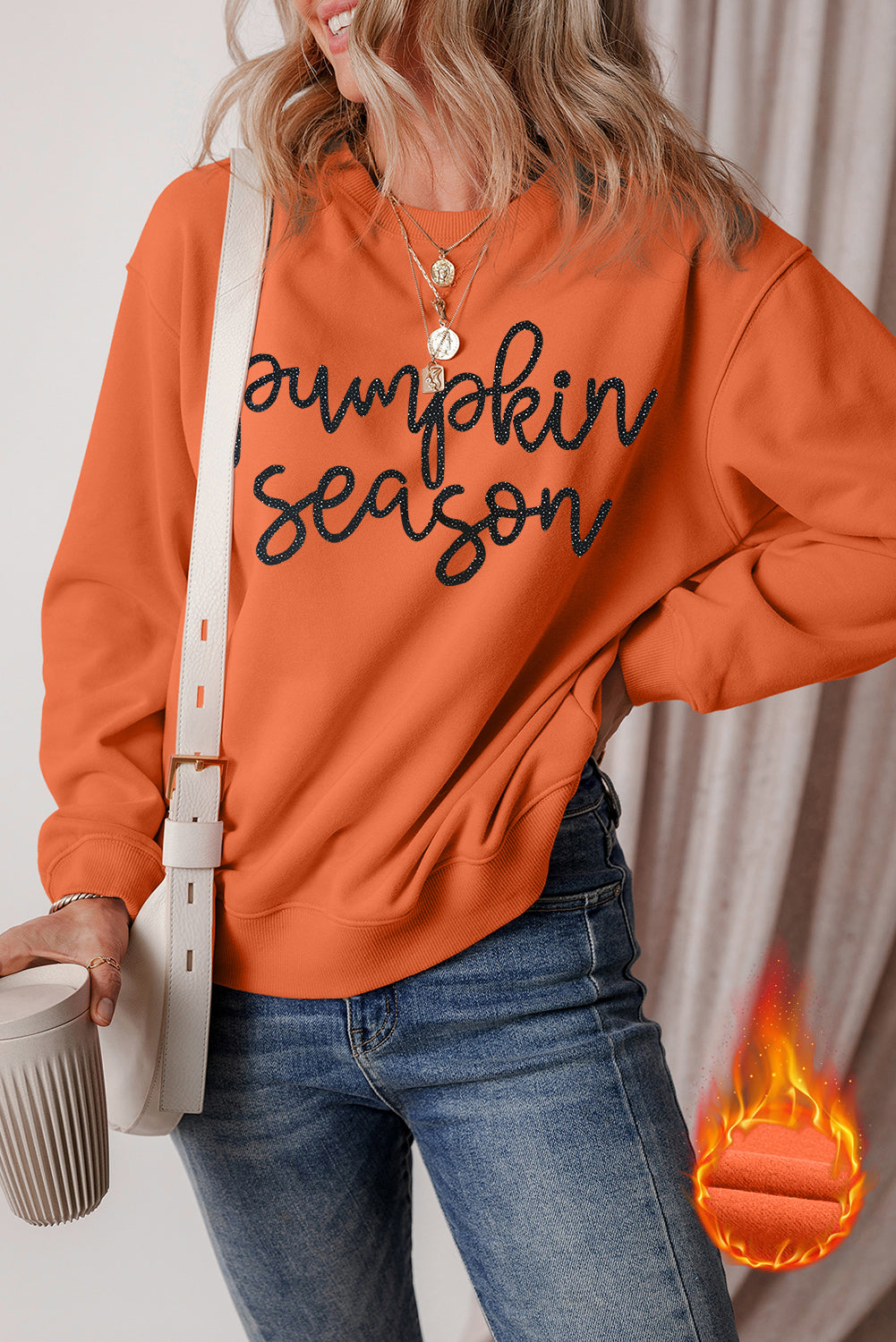 Glittering Pumpkin Season Graphic Drop Shoulder Pullover Sweatshirt | Russet Orange