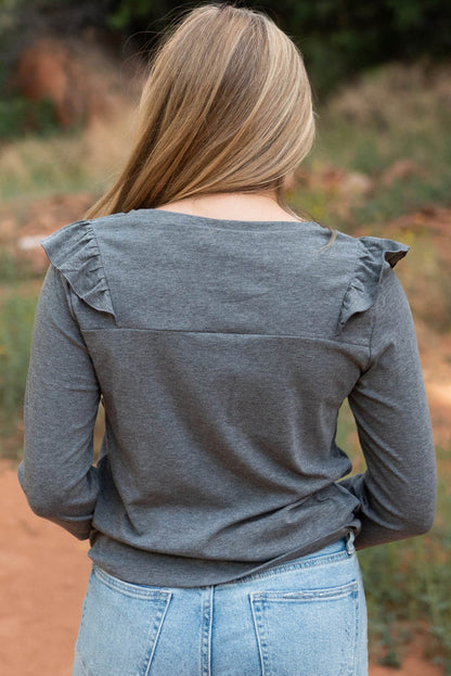 Solid Colour Ruffled Crew Neck Long Sleeve Top | Dark Grey