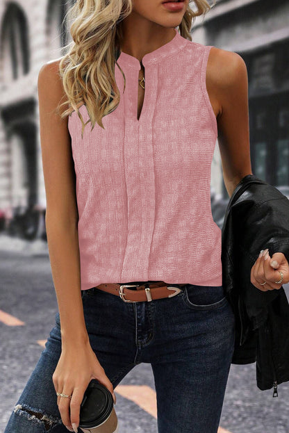 Lattice Textured Split Neck Tank Top | Pink