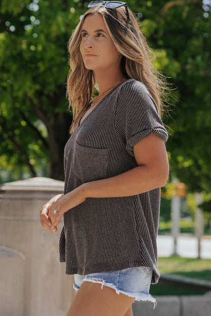 Twist Short Sleeve Corded V Neck Top | Carbon Grey