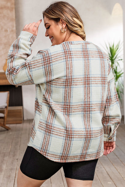 Plus Size Plaid Half-Zipper Sweatshirt With Chest Pocket | Beige