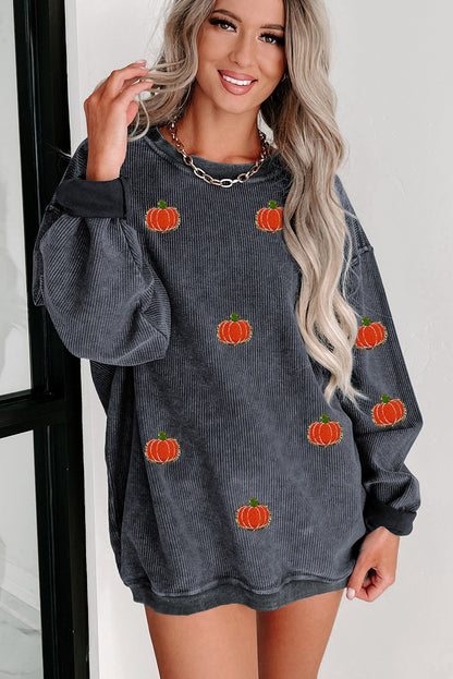 Halloween Pumpkin Graphic Drop Shoulder Ribbed Sweatshirt | Gray