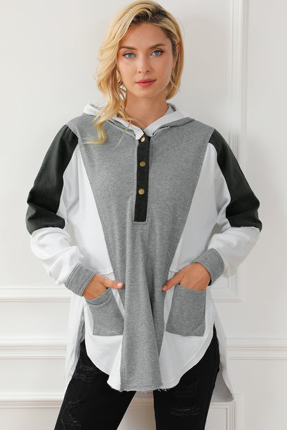 Colour Block Exposed Seam Buttoned Neckline Hoodie | Gray