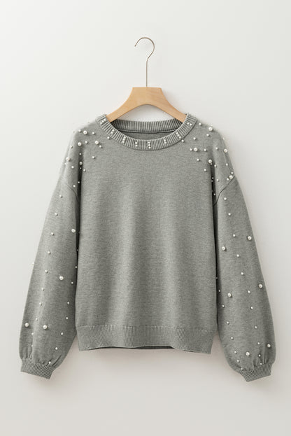 Pearled Drop Shoulder Round Neck Sweater | Light Grey