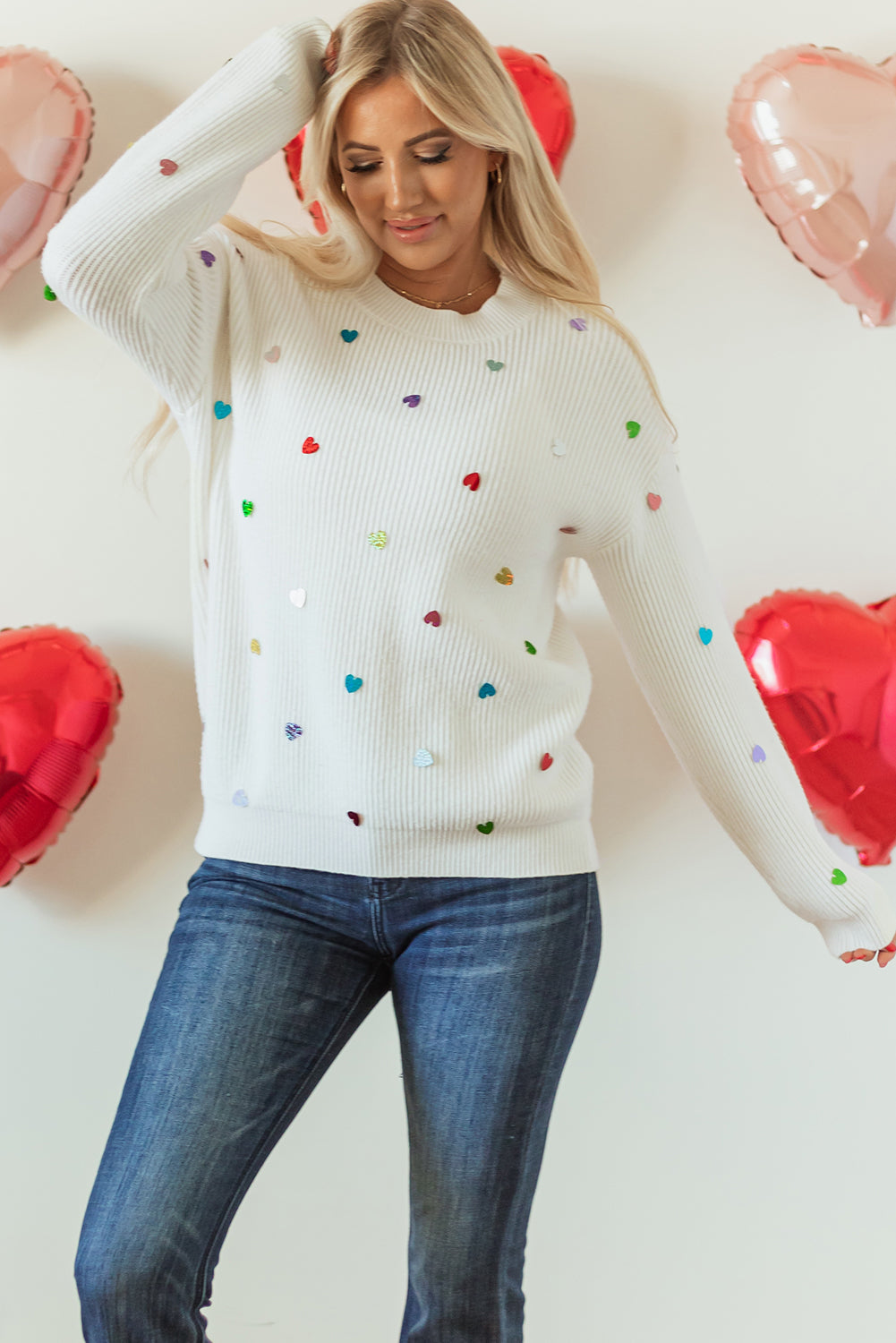 Sequin Heart Shape Waffle Knit Round Neck Sweater | Beige