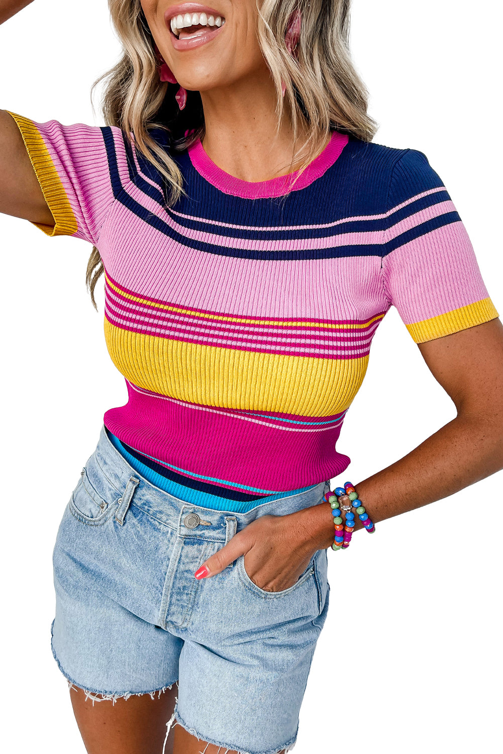 Mixed Stripes Ribbed Knit Top | Pink