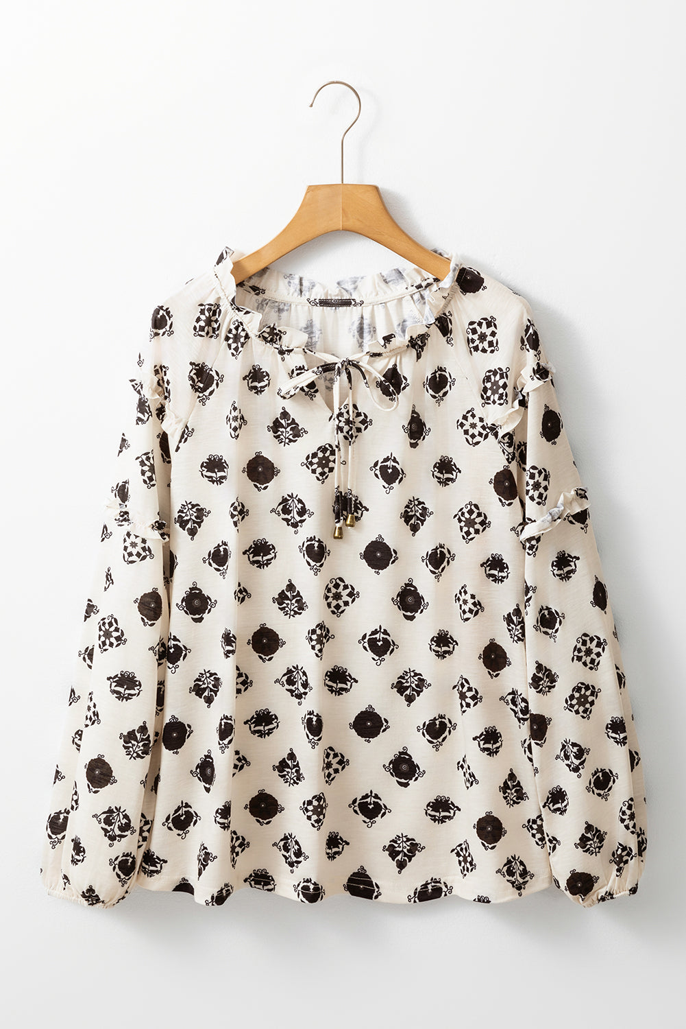 Printed Split Neck Bubble Sleeve Loose Blouse | White