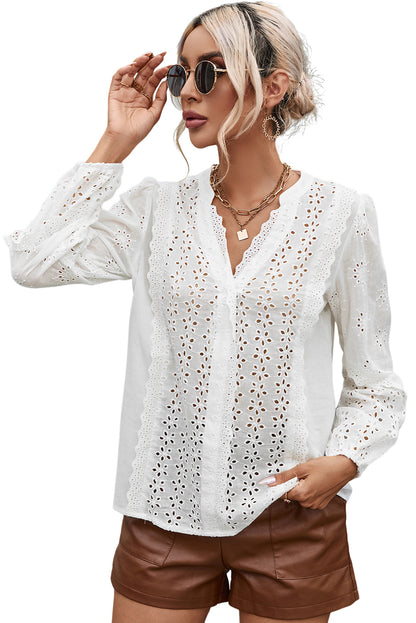 Eyelet Lace Puff Sleeve Split Neck Blouse | White