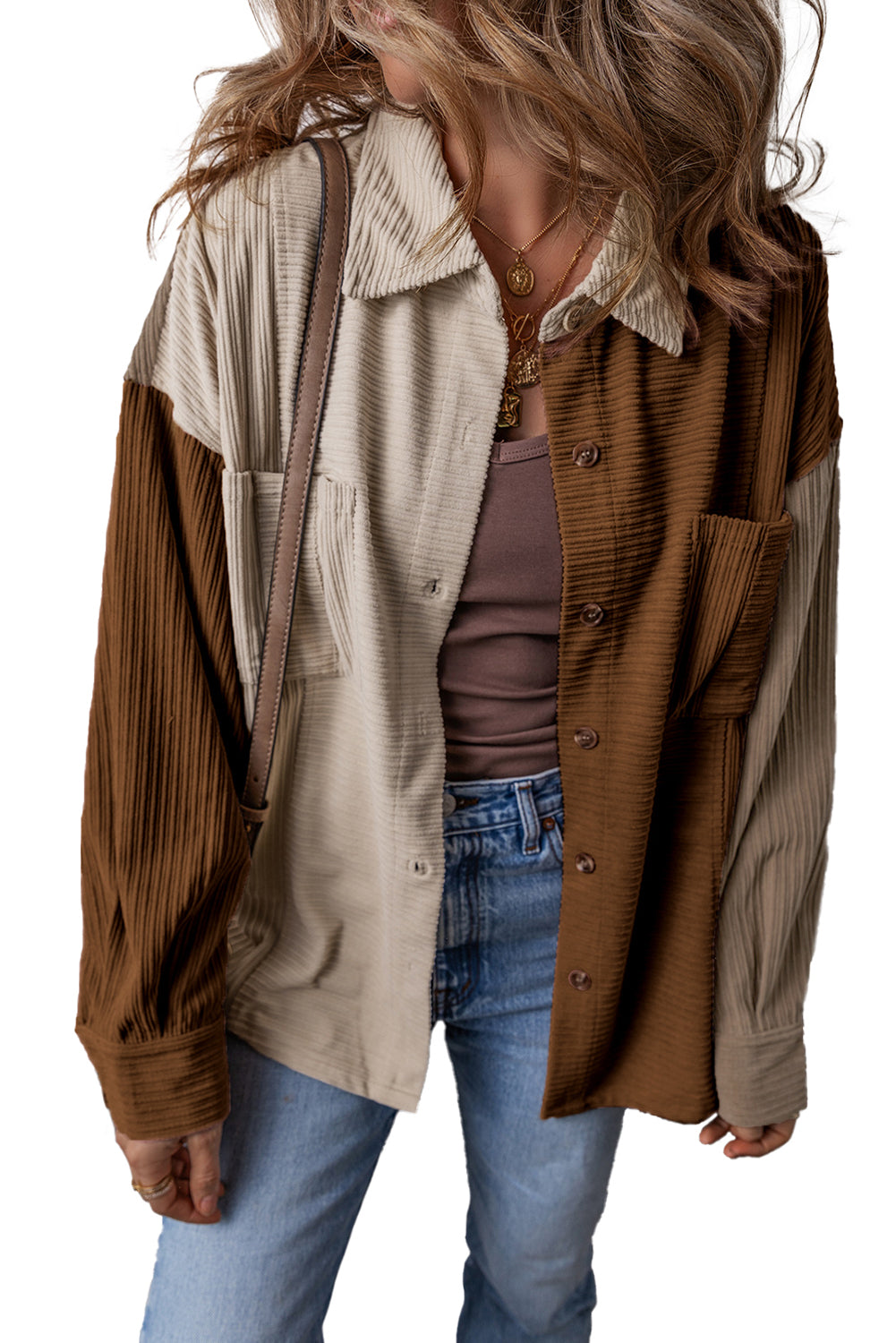 Colour Block Chest Pockets Buttoned Corduroy Shacket | Brown