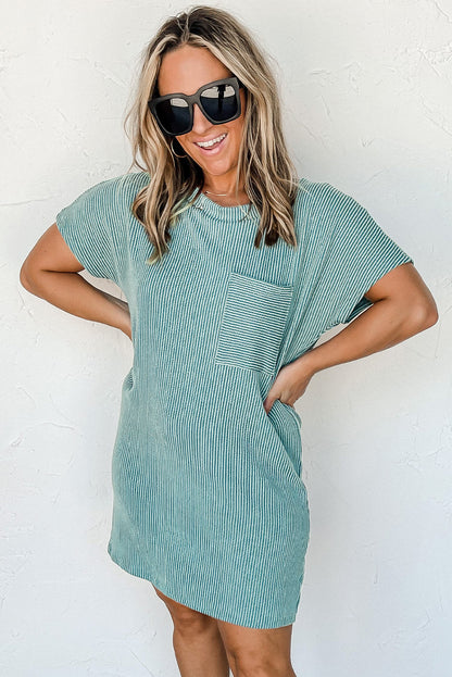 Striped Ribbed Knit T-Shirt Shift Dress | Blue