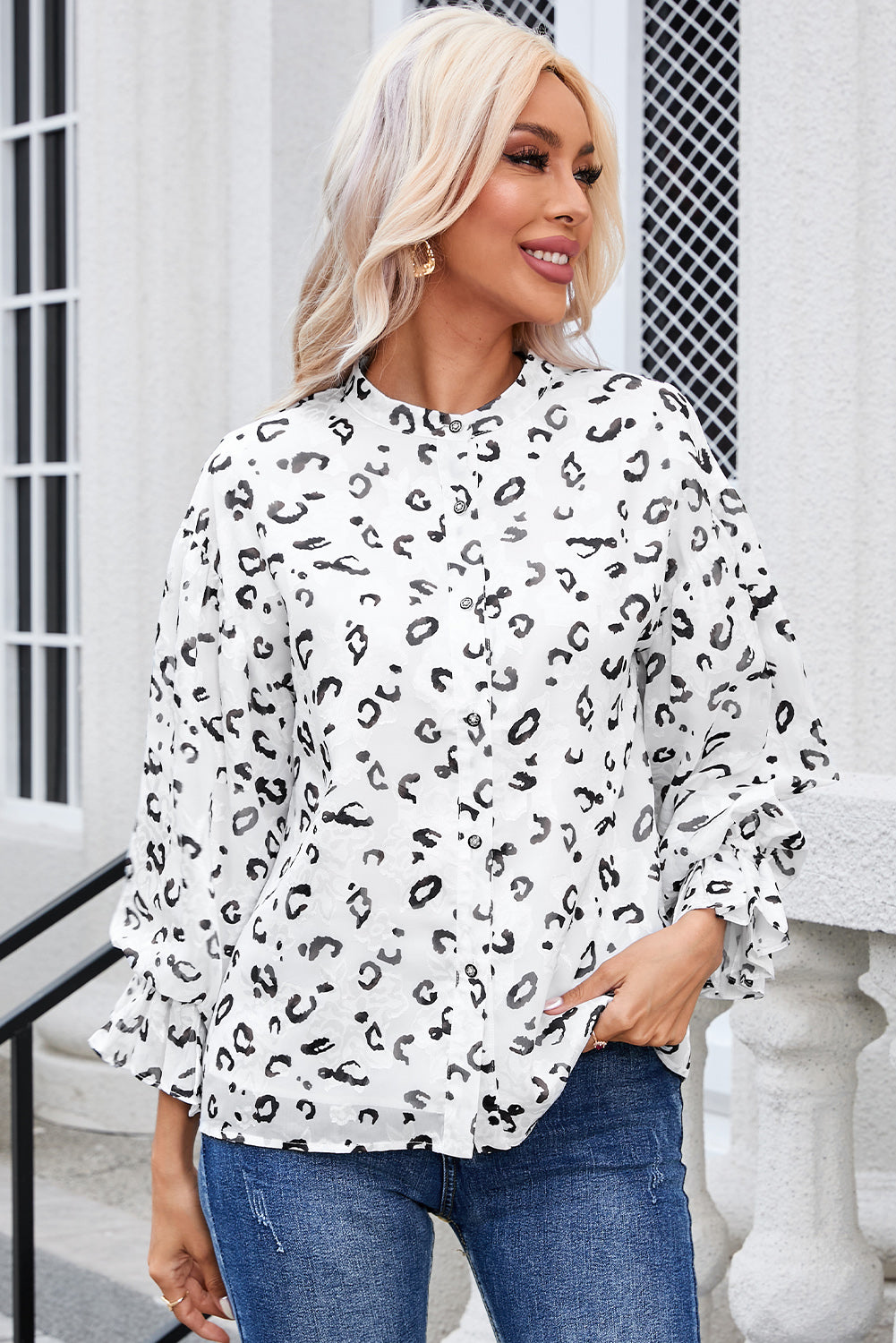 Leopard Print Button Up Ruffled Sleeve Shirt | White