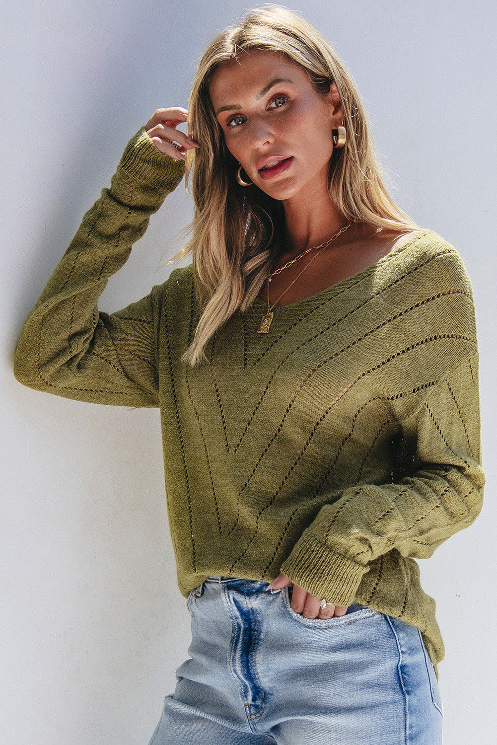 Solid Eyelet Drop Shoulder V Neck Sweater | Sage Green