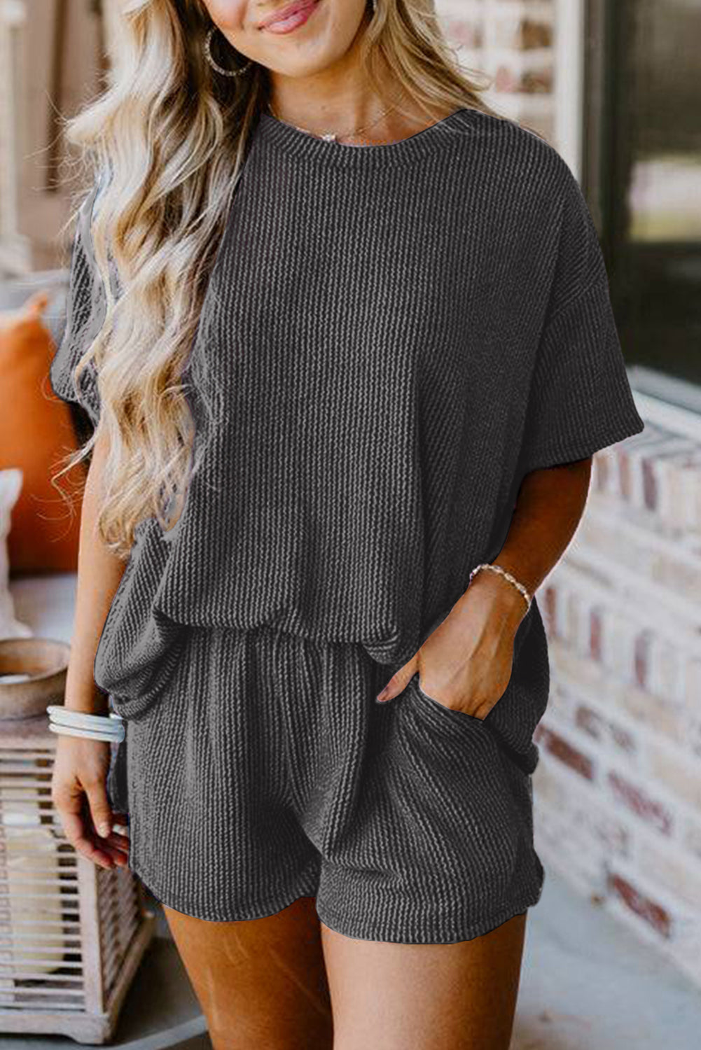 Ribbed Textured Knit Loose Fit Tee And Shorts Set | Carbon Grey