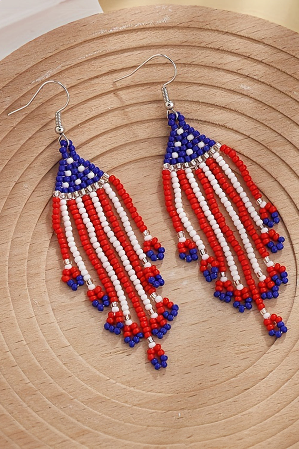 Fiery Red American Flag Beaded Fringed Hook Earrings