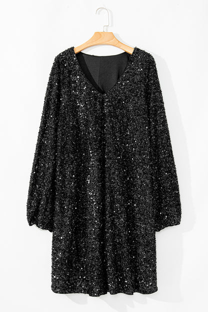 Colour Black Plus Size Bubble Sleeve V Neck Sequin Dress | Colour black