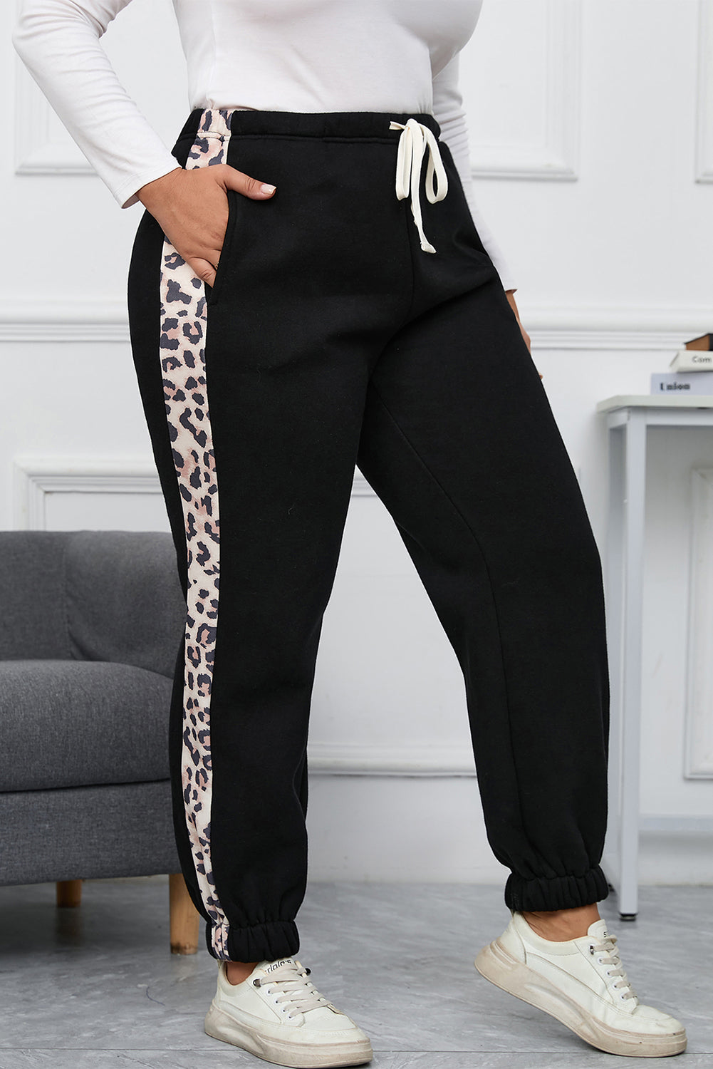 Plus Size Contrast Leopard Side Panel Joggers | Black