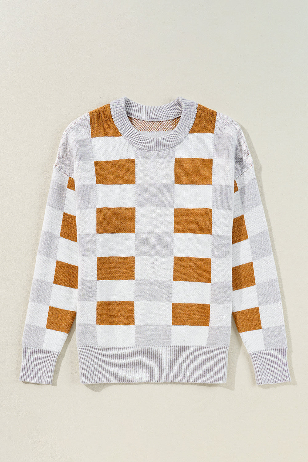 Checkered Ribbed Edge O Neck Drop Shoulder Sweater | Khaki