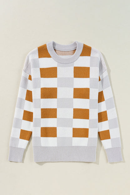 Checkered Ribbed Edge O Neck Drop Shoulder Sweater | Khaki