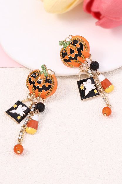 Halloween Rhinestone Pumpkin Ghost Tassel Earrings | Orange