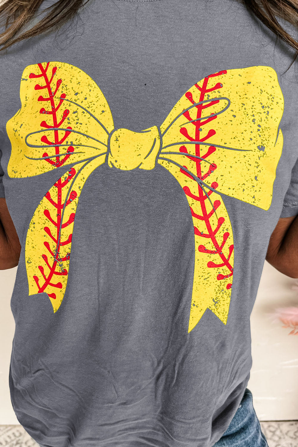 Baseball Bowknot Graphic Casual Tee | Gray