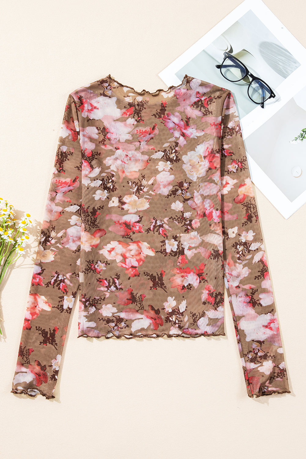 Floral Print Sheer Mesh Long Sleeve Top | Red