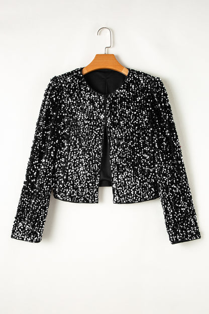 Sequined Open Front Cropped Jacket | Black