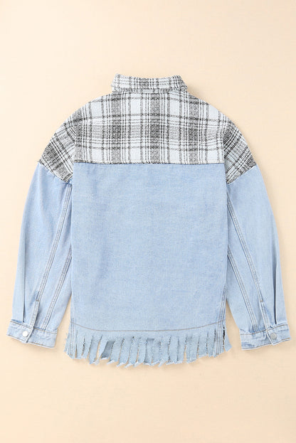 Plaid Patchwork Fringed Flap Pockets Denim Jacket | Sky Blue