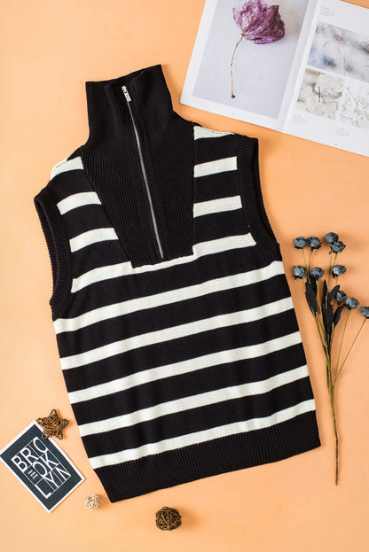 Zipped Collar Knit Sweater Tank | Black Stripe