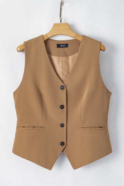 Solid Colour Button Up V Neck Suit Vest | Chestnut