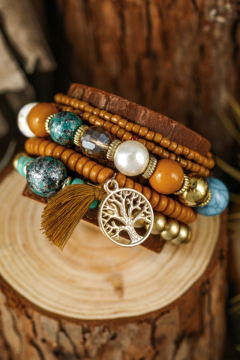 5Pcs Boho Beaded Turquoise Bracelets Set | Chestnut