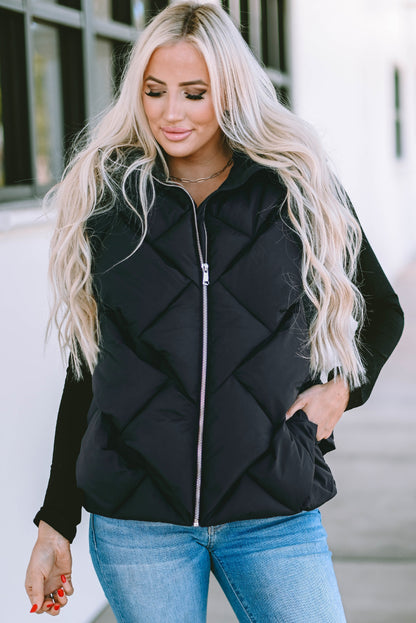 Quilted Zipper Front Hooded Vest Coat | Black