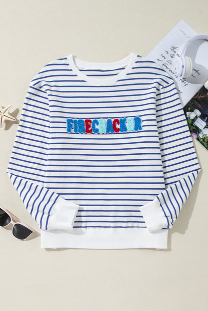 Chenille Firecracker Embroidered Sweatshirt | Blue Stripe