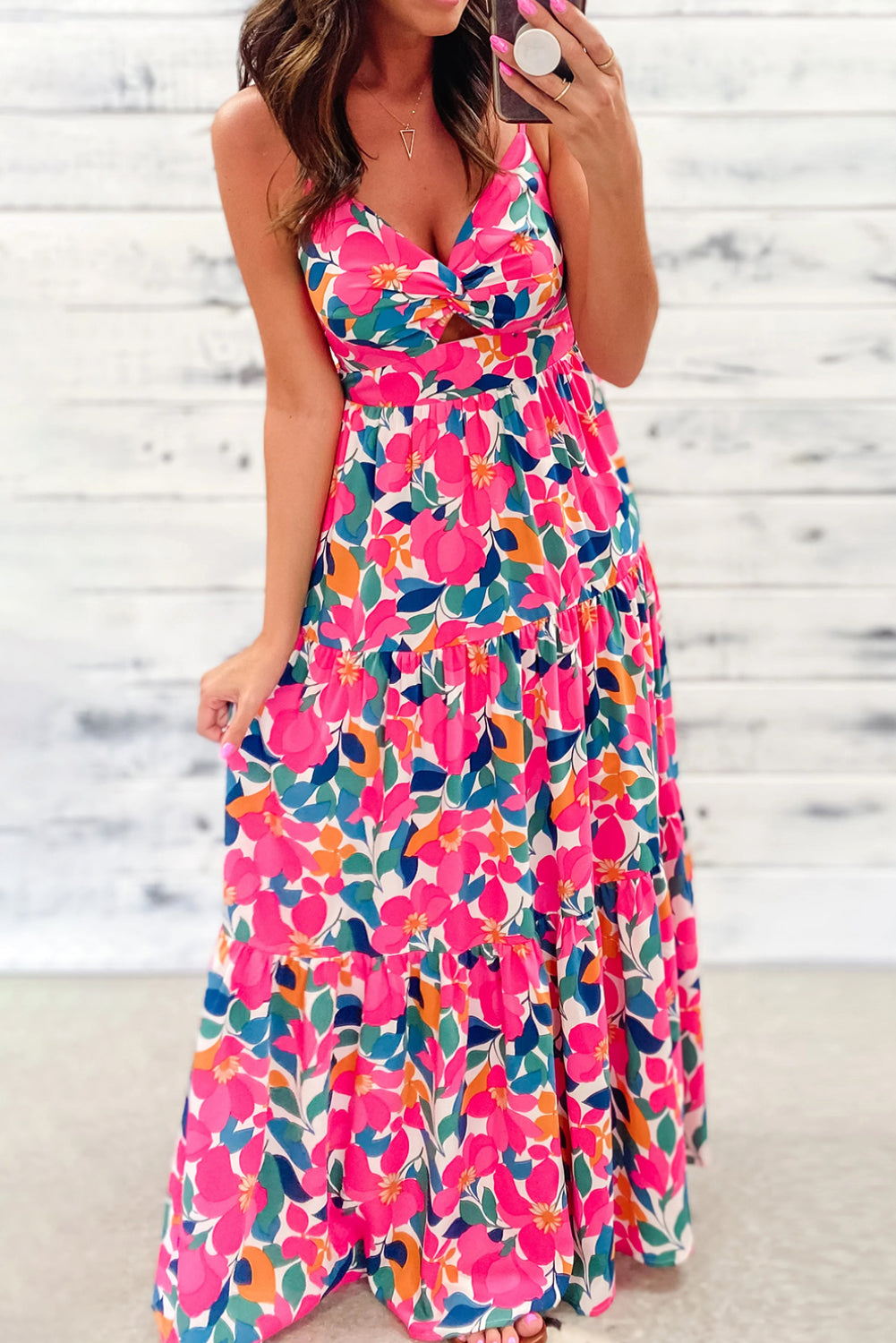 Floral Twisted Smocked Back Tiered Maxi Dress | Rose