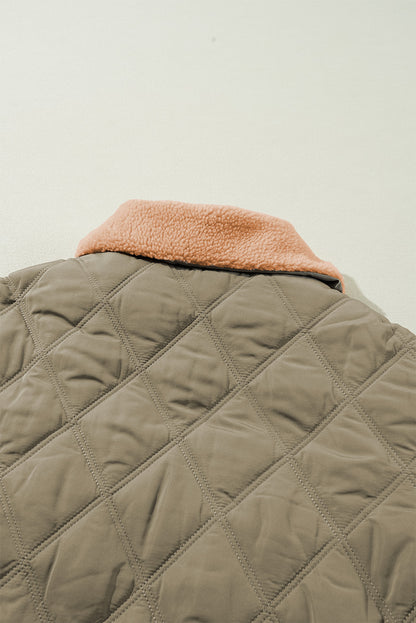 Teddy Collar Flap Pockets Quilted Puffer Jacket | Jungle Green