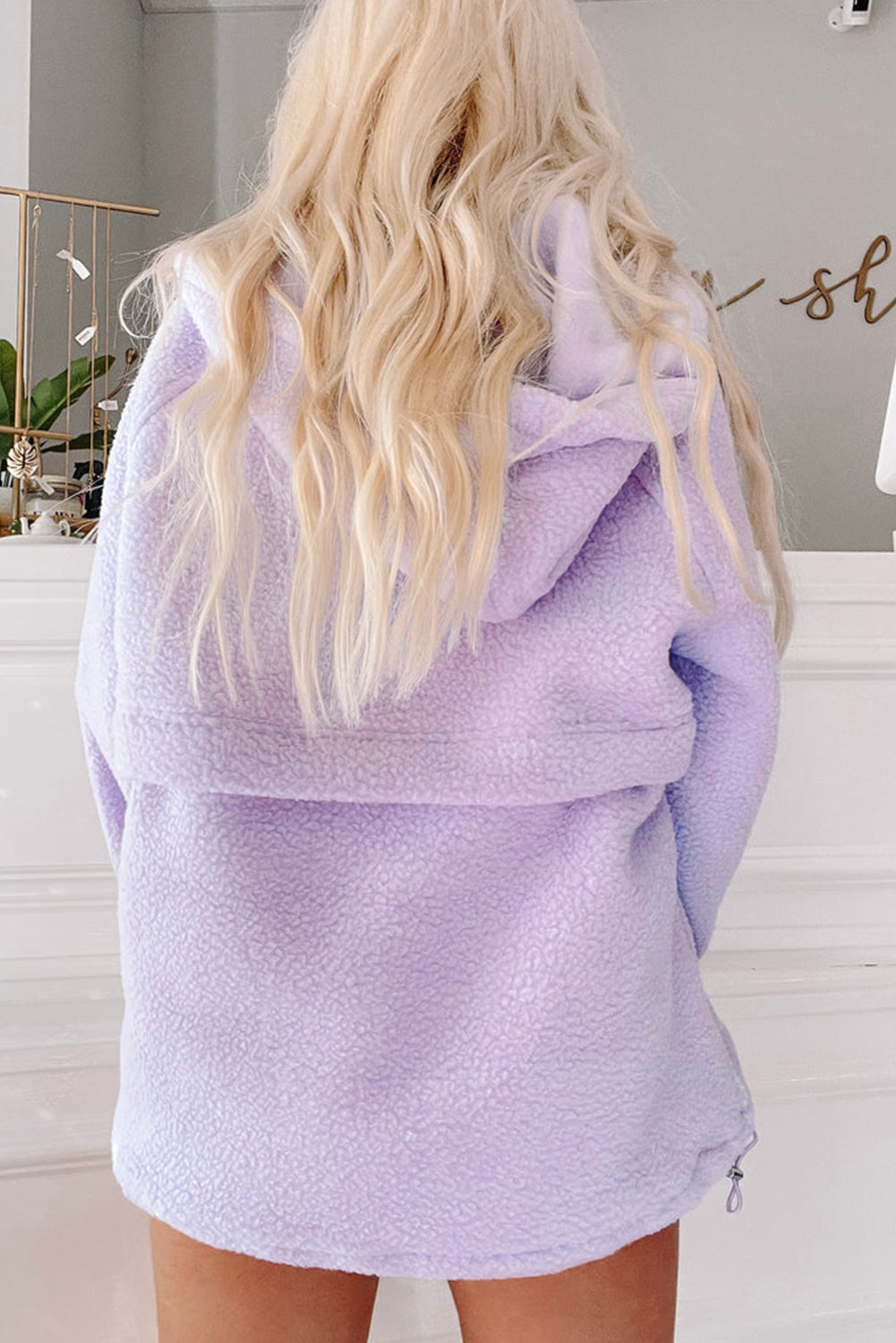 Zipped Patch Pocket Fuzzy Drawstring Hoodie | Lavendula