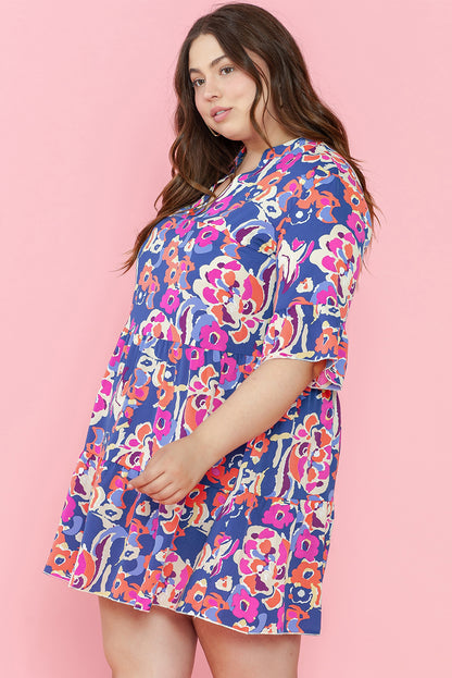 Plus Size Floral Print Ruffled 3/4 Sleeve Mini Dress | Blue